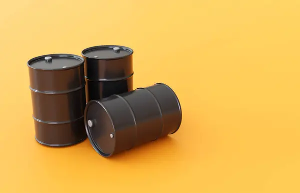 Black round metal barrel on orange background. Oil production industry. 3d-rendering
