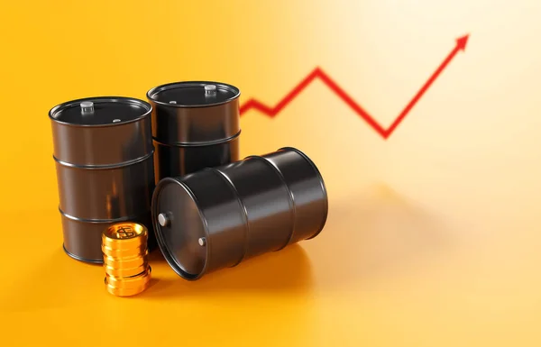 Black round metal barrel with gold coin on orange background. Oil production industry. Oil price change concept. 3d-rendering
