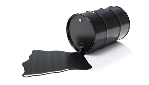 Черный Круглый Металлический Баррель Лужа Нефти Изолированы Белом Фоне Нефтедобывающая — стоковое фото