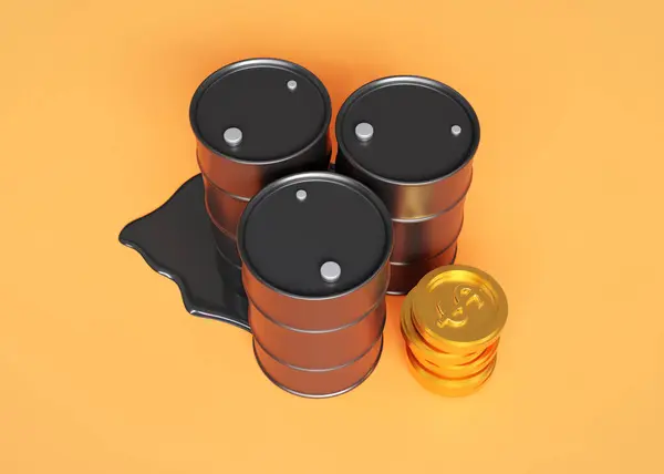 Black round metal barrel with gold coin on orange background. Oil production industry. 3d-rendering