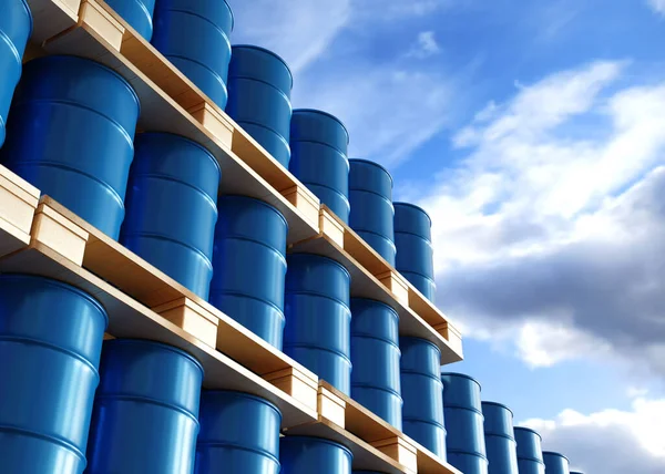 Barriles Azules Las Paletas Contienen Petróleo Almacén Preparan Para Entrega — Foto de Stock
