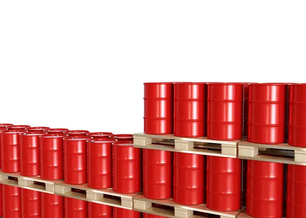 Barriles Rojos Las Paletas Contienen Petróleo Almacén Prepararse Para Entrega — Foto de Stock