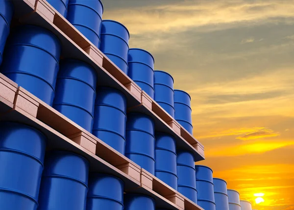 Barriles Azules Las Paletas Contienen Petróleo Almacén Preparan Para Entrega — Foto de Stock