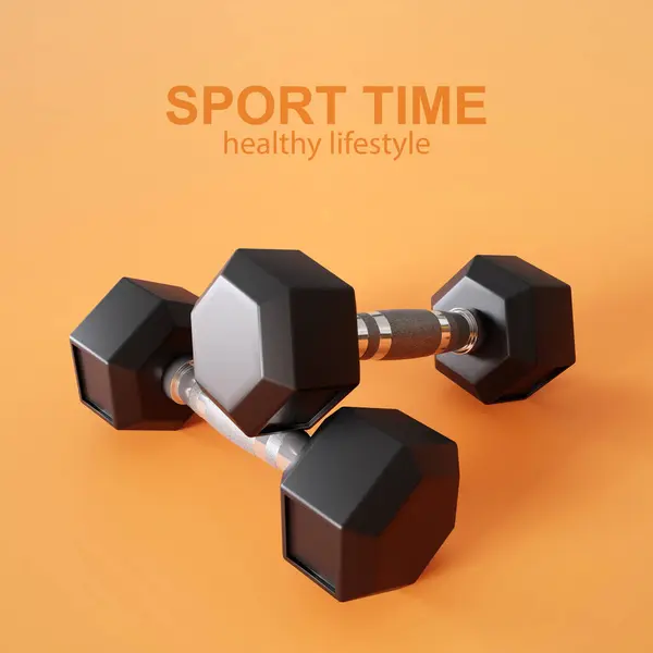 Dumbbells on orange background. Sport equipment. Gym time concept. 3d-rendering