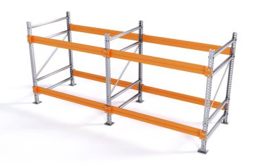 Boş depo rafları. Boş metal raf beyaz arkaplanda izole edilmiş. Depo konsepti. 3d oluşturma