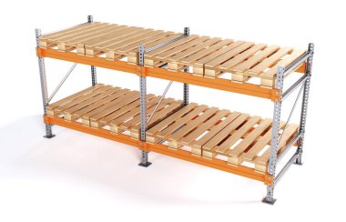 Depo ahşap paletlerle dolu. Metal raf beyaz arkaplanda izole edilmiş. Depo konsepti. 3d oluşturma