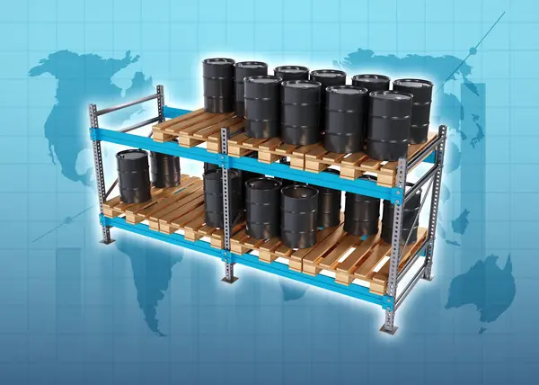 Productos Petrolíferos Almacén Bastidores Almacén Con Barriles Para Líquidos Concepto — Foto de Stock