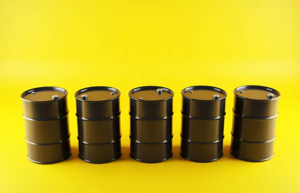Barriles Petróleo Negro Sobre Fondo Amarillo Renderizado — Foto de Stock