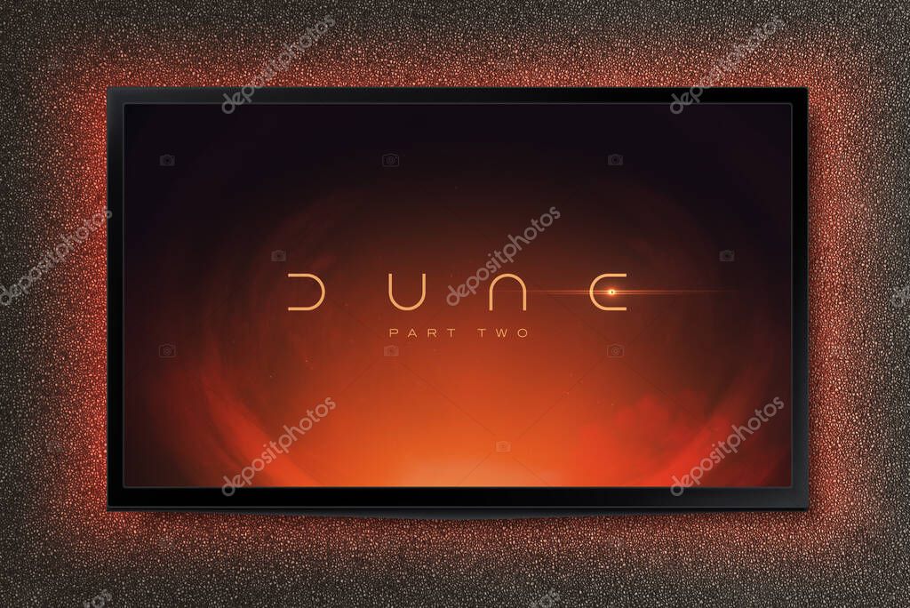 Dune Part Two movie on TV screen. Watching a movie in the cinema. Astana, Kazakhstan - February, 2024