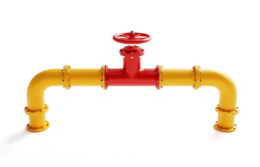 Beyaz arka planda kırmızı vinçli sarı boru hattı. Petrol ve gaz endüstrisi konsepti. 3d oluşturma