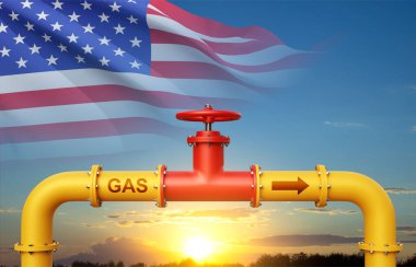 Gün batımına karşı ABD bayrağı taşıyan doğalgaz boru hattı. 3d oluşturma