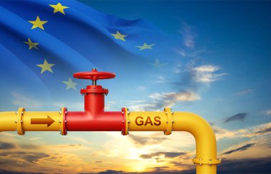Gün batımına karşı Avrupa Birliği bayrağıyla doğalgaz boru hattı. 3d oluşturma