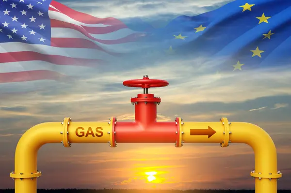 Gasoducto Con Banderas Unión Europea Contra Puesta Del Sol Concepto — Foto de Stock
