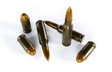 Tabanca ve tüfek fişekleri beyaz arka planda izole edilmiş. 3d oluşturma