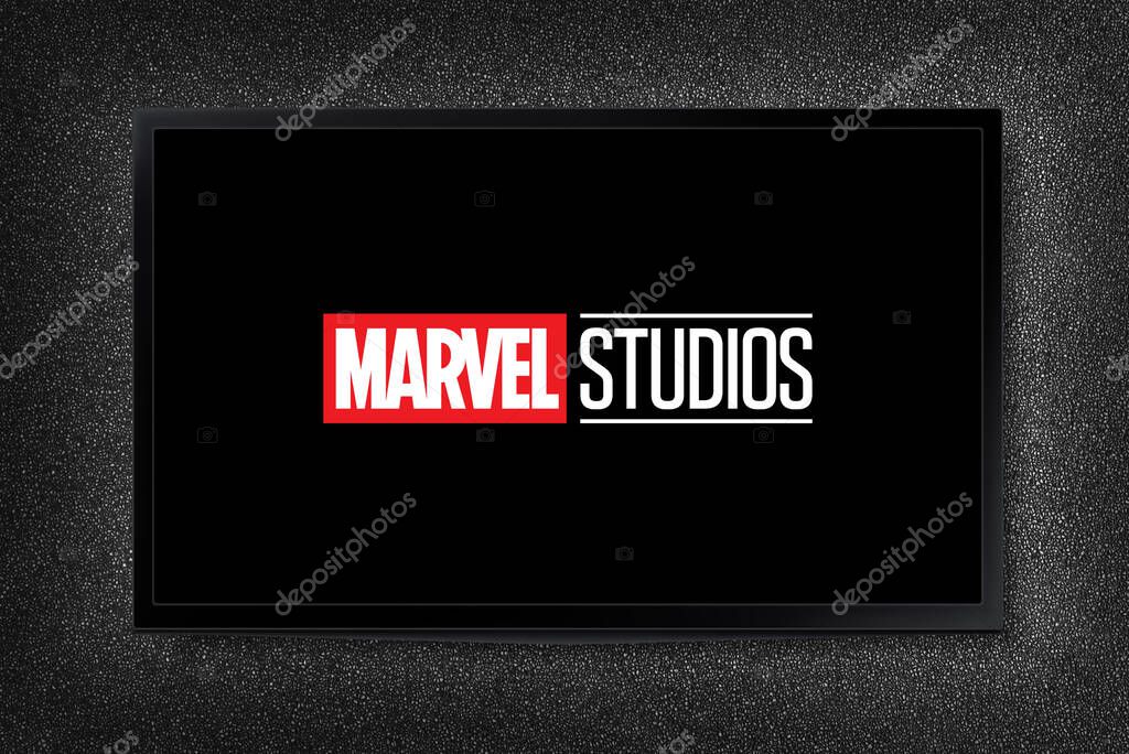 Marvel Studios logo on TV screen. Astana, Kazakhstan - February, 2024