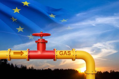Gün batımına karşı Avrupa Birliği bayrağıyla doğalgaz boru hattı. 3d oluşturma