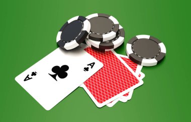 Kumarhane fişleri ve kartlar yeşil oyun masasında. Kumarhane veya poker konsepti. 3d oluşturma