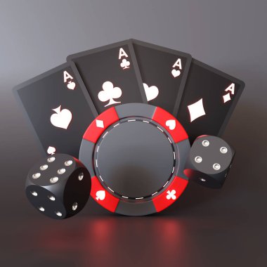 Siyah arka planda kumarhane fişleri ve kartları. Kumarhane veya poker konsepti. 3d oluşturma