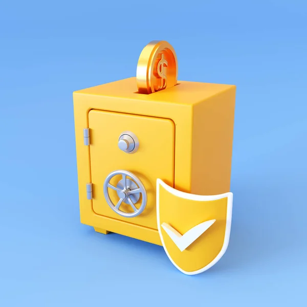 Safe box with coin and shield on blue background. 3d-rendering