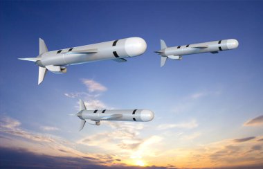 Gün batımına karşı Tomahawk kruz füzeleri. 3d oluşturma