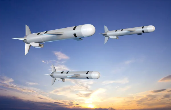 トマホーク クルーズ ミサイルが夕日を迎える 3Dレンダリング — ストック写真