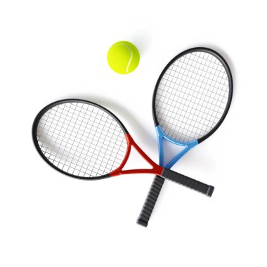 Tenis raketi ve top beyaz arka planda izole edilmiş. 3d oluşturma