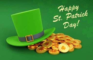 Aziz Patrick Günü geçmişi. Yeşil silindir şapka ve yeşil arka planda altın paralar. 3d oluşturma