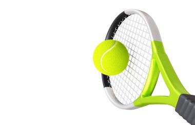 Tenis raketi ve top beyaz arka planda izole edilmiş. 3d oluşturma