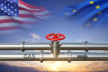 ABD bayrağında petrol varilleri ve doğalgaz boru hattı. ABD petrol piyasası konsepti. 3d oluşturma