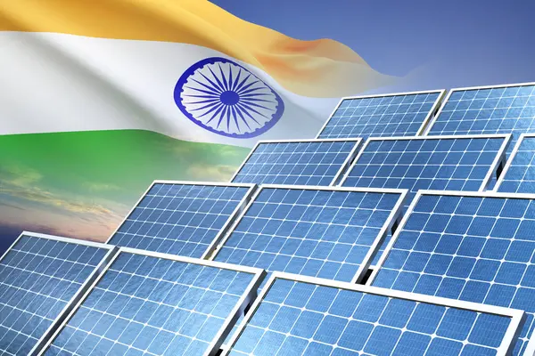 Solar Panel with flag of India. Green energy industrial. 3d-rendering
