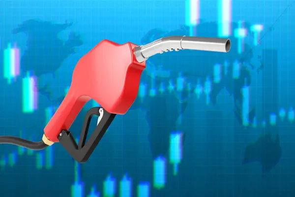Red gasoline fuel nozzle on blue growth bar chart background. Oil price rising concept. 3d-rendering