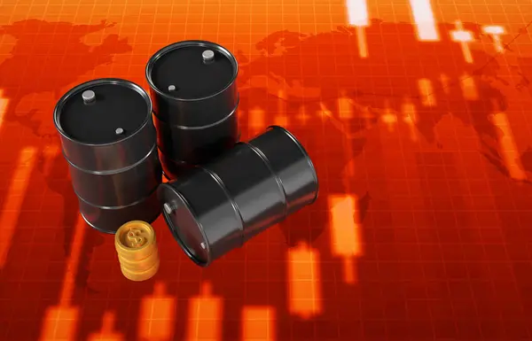 Oil barrels with coins on red bar chart background. Oil price change concept. 3d-rendering