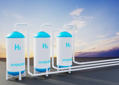 Hidrojen enerji depolama tankları. Hidrojen yenilenebilir enerji üretimi. Temiz elektrik için hidrojen gazı. 3d oluşturma