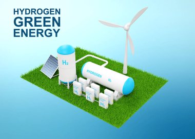 Yeşil Hidrojen Fabrikası konsepti. Yenilenebilir enerji kaynaklarından hidrojen üretimi. Temiz elektrik için hidrojen gazı. 3d oluşturma