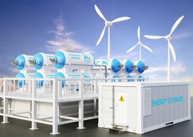 Yeşil Hidrojen Fabrikası Konsepti. Temiz elektrik için hidrojen gaz boru hattı. Yenilenebilir enerji kaynaklarından hidrojen üretimi. 3d oluşturma