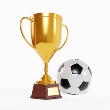 Futbol topu ve altın kupa beyaz arka planda izole edilmiş. 3d oluşturma
