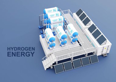 Hidrojen enerji santrali kavramı. Temiz elektrik için hidrojen gaz boru hattı. Yenilenebilir enerji kaynaklarından hidrojen üretimi. 3d oluşturma