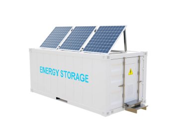 Arka planda w güneş panelleri olan kavramsal modern batarya enerji depolama sistemi. 3d oluşturma