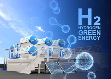 Hidrojen enerji santrali kavramı. Hidrojen enerji santralinin yakınındaki H2 hücreleri. Temiz elektrik için hidrojen gaz boru hattı. Yenilenebilir enerji kaynaklarından hidrojen üretimi. 3d oluşturma