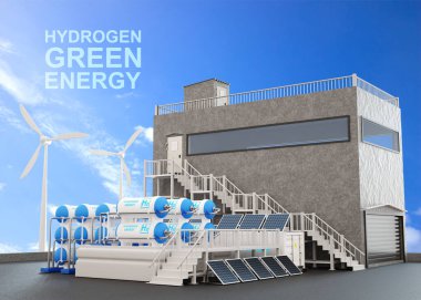 Hydrogen energy plant concept. Hydrogen gas pipeline for clean electricity. Hydrogen production from renewable energy sources. 3d-rendering clipart