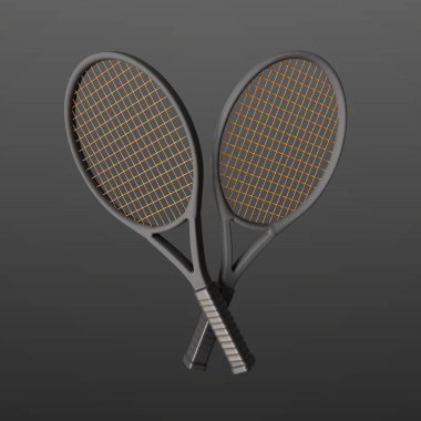 Siyah ve altın renkli tenis raketleri. 3d oluşturma