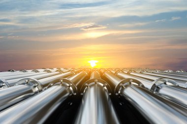 Tüpler batan güneşe doğru gidiyor. Yakıt endüstrisi ulaşım hattı bağlantısı. 3d oluşturma
