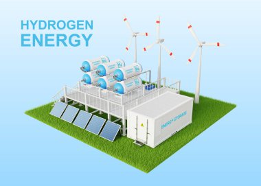 Yeşil Hidrojen Fabrikası konsepti. Yenilenebilir enerji kaynaklarından hidrojen üretimi. Temiz elektrik için hidrojen gazı. 3d oluşturma