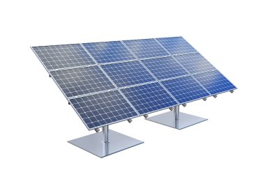 Gökyüzü yansıması olan güneş panelleri beyaz arkaplanda izole edildi. Yenilenebilir güneş enerjisi. Alternatif enerji. 3d oluşturma