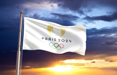 2024 Fransız Olimpiyatları bayrağı gün batımına karşı. Astana, Kazakistan, Temmuz 2024