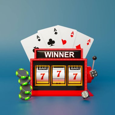Kumarhane geçmişi. Kumar makinesi, iskambil kağıtları, poker fişleri ve mavi arka plandaki zarlar. 3d oluşturma