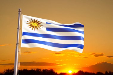 Gün batımına karşı Uruguay bayrağı. Ulusal Tatil İçin Arkaplan