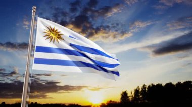 Uruguay bayrağı gün batımına karşı rüzgarda sallanıyor