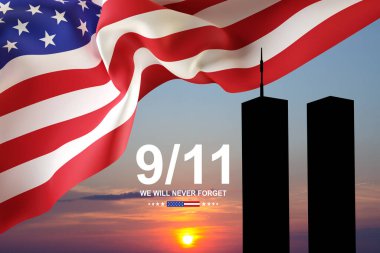 İkiz Kuleler 'in silueti ve gün batımında Amerikan bayrağı. Vatanseverlik Günü afişi. 9.11.2001