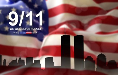 09.11.2001 Amerikan Vatanseverlik Günü afişi. New York silueti ve arka planında Amerikan bayrağı olan ikiz kuleler. 3d oluşturma